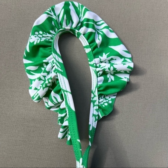 𝅺Gottex Ruffle Sleeve Leaf Print Bikini Top Green/White Sz 32C NWOT - Picture 5 of 11